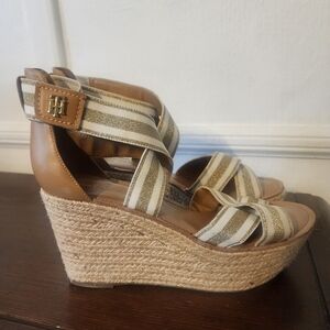 Tommy Hilfiger Womens White Gold Tan Stripe Espadrille Wedge Sandal Sz 10M